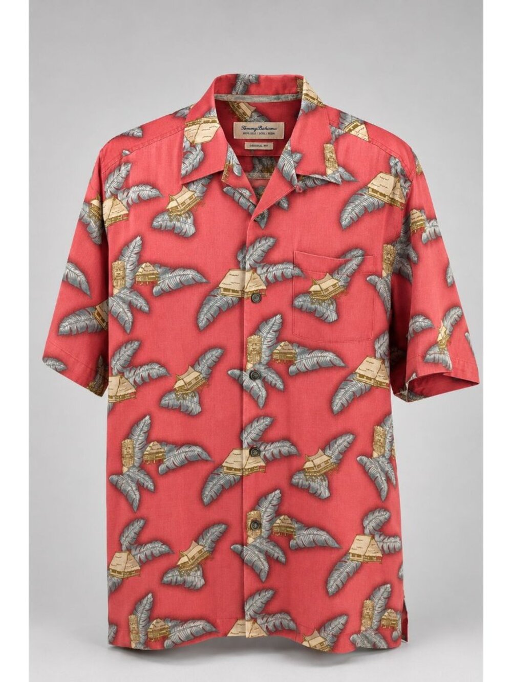 Tommy Bahama Mens Medium Shirt Red Silk Hawaiian Aloha Button Down Vacation